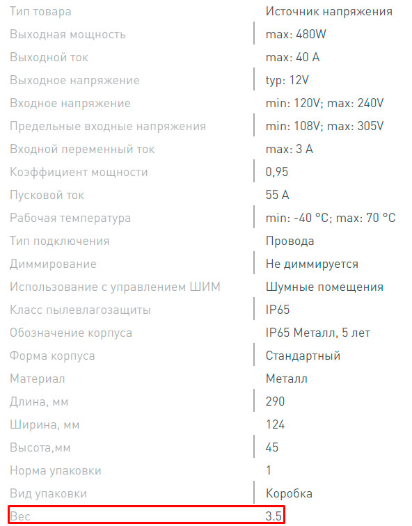 характеристики блока питания с указанием веса